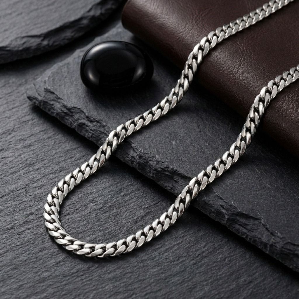 Silver chain necklace on a dark stone surface with a black stone and brown leather.